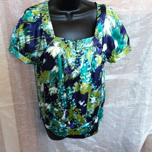 APT 9 Multi Color Blue Green Aqua Cream Baby Doll Top Cap Sleeve, S - Picture 1 of 2